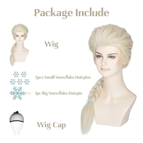 Women Blonde Braided Wig with Snowflake Hairpin Cosplay Costume Accessory